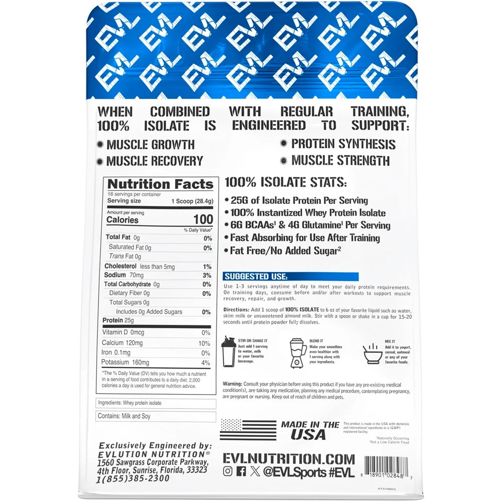 Whey Protein Powder 100% Isolate 25G -  Whey Isolate Protein Powder 1 LB - No Sugar Added, Low Carb Gluten Free - EVL Fast Absorbing Unflavored Protein Powder with BCAA