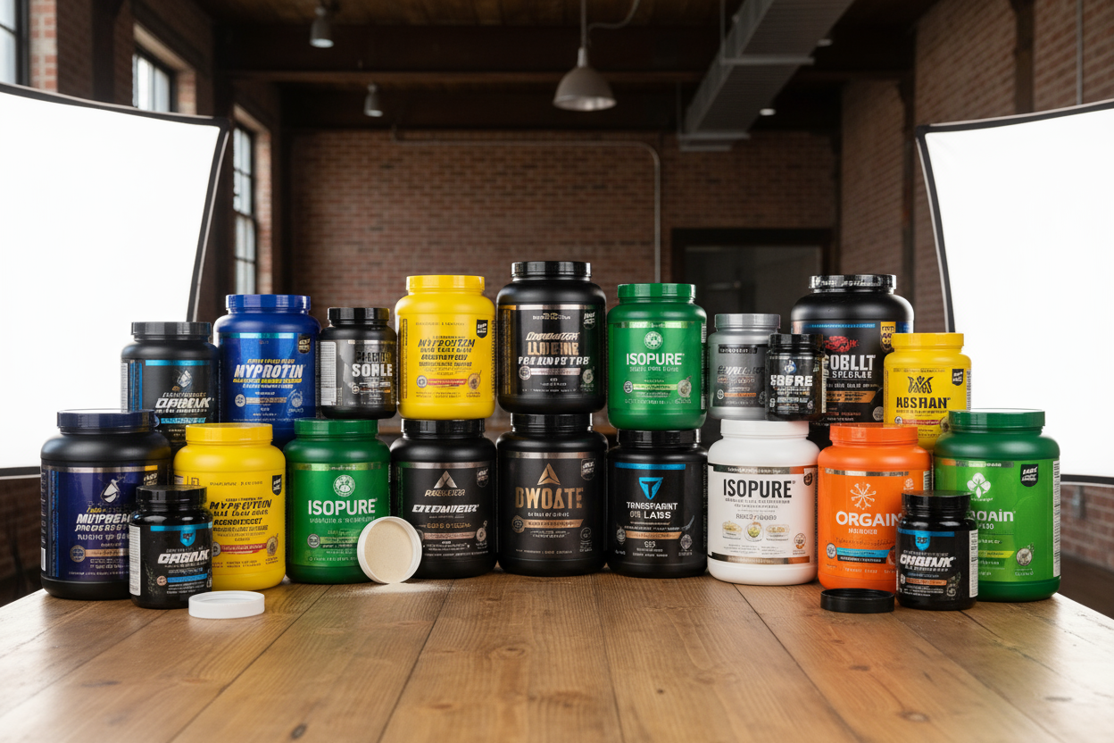 a table filled with protein powder and diffrent brands